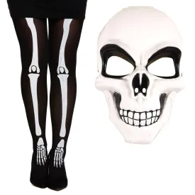 Adults White Skeleton Mask Bone Print Tights Halloween Scary Horror Fancy Dress Costume 2 Pcs Set