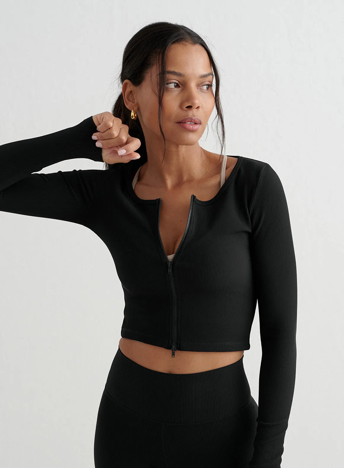 Black Ribbed Performance Cardigan Set