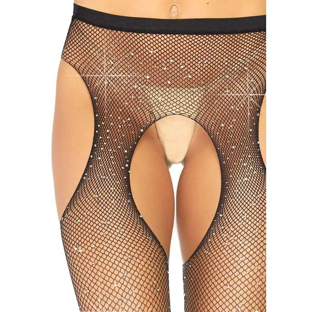 Black Casey Rhinestone Fishnet Suspender Pantyhose - One Size | Glamorous & Sexy Accessory