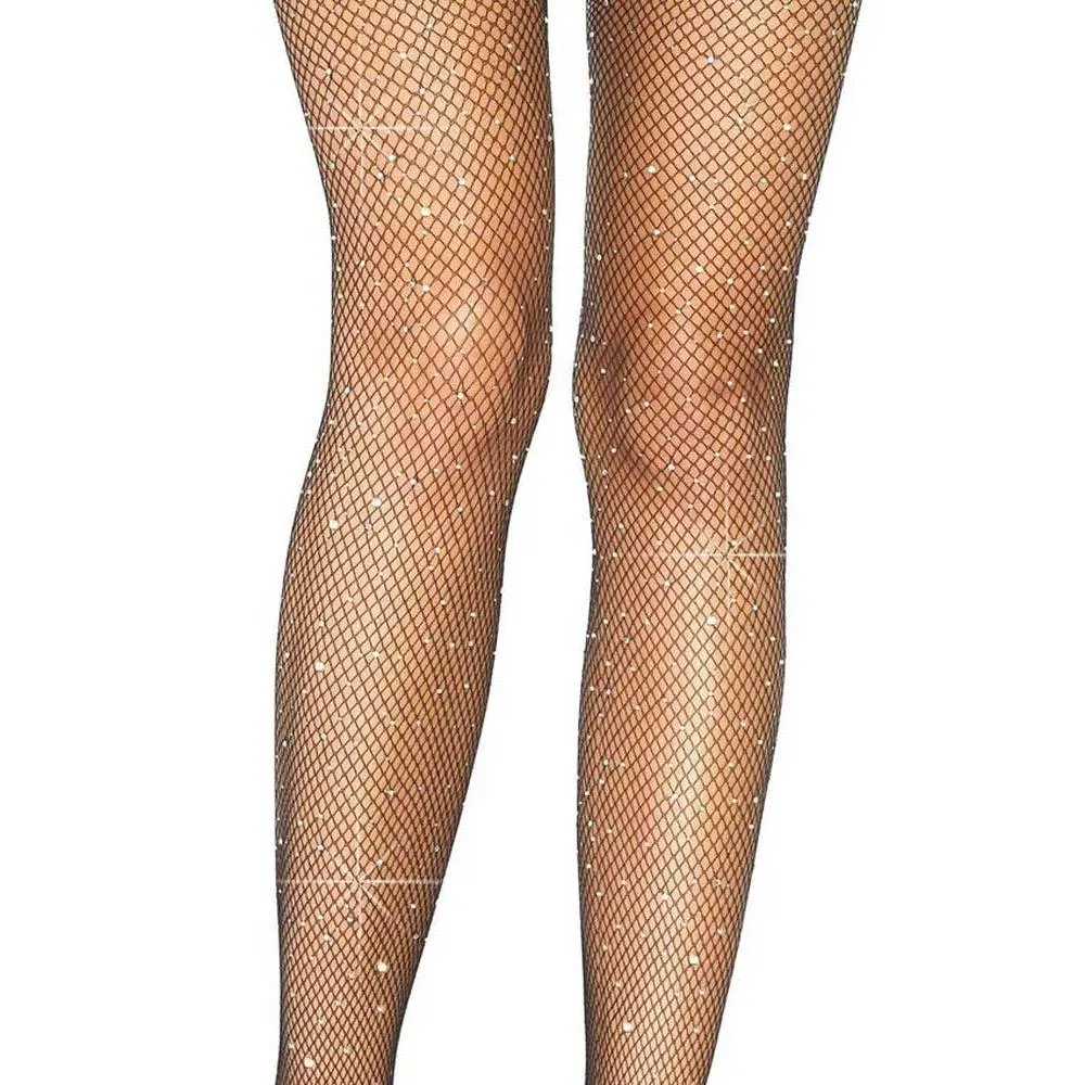 Black Casey Rhinestone Fishnet Suspender Pantyhose - One Size | Glamorous & Sexy Accessory