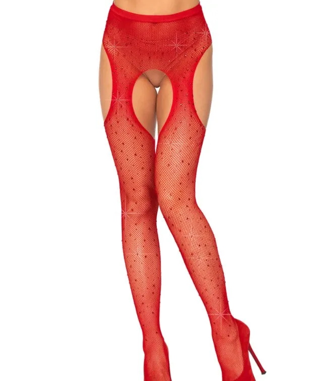 Casey Rhinestone Suspender Pantyhose - O/S (Red)