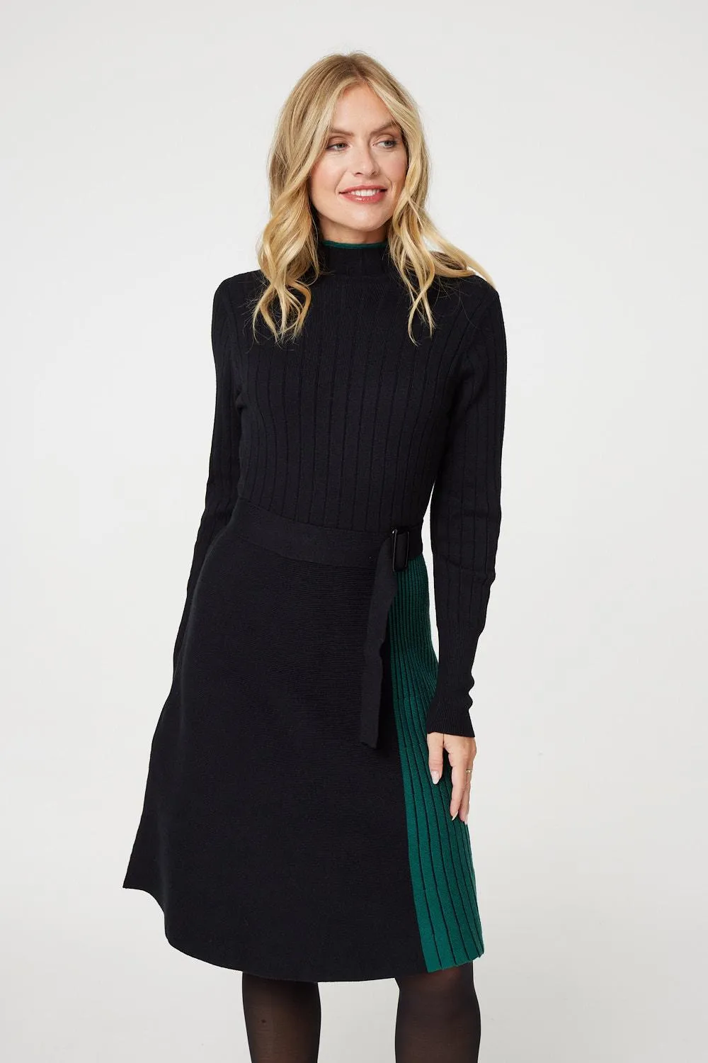 Colour Block High Neck Pleated Knit Dress