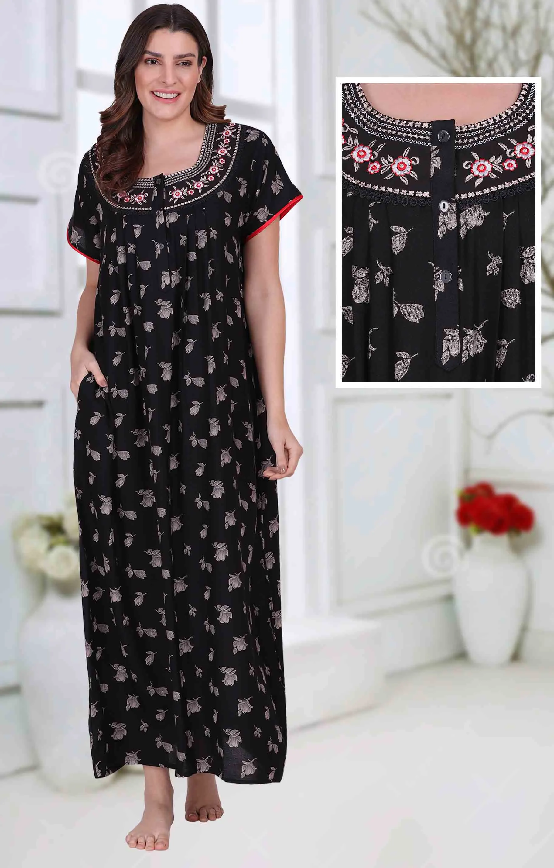 Cotton Long Black Nighty for Woman with Embroidery