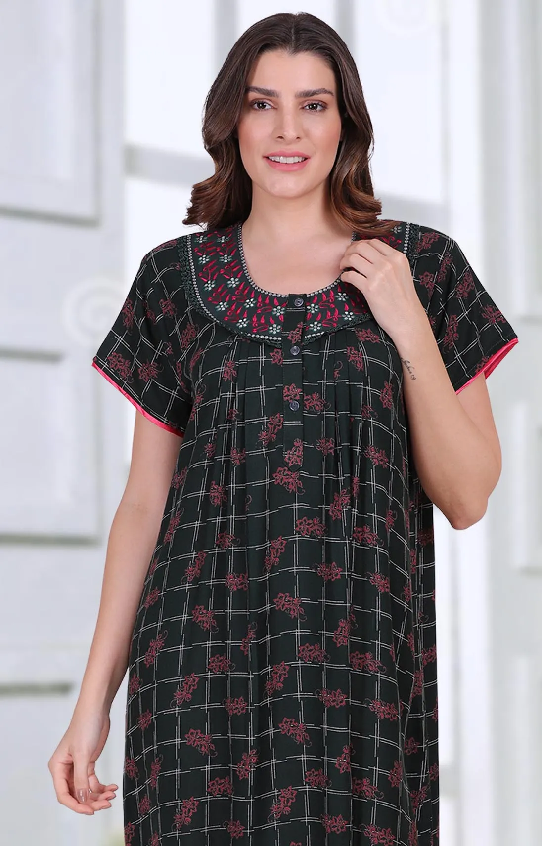 Cotton Long Green Nighties for ladies with Embroidery