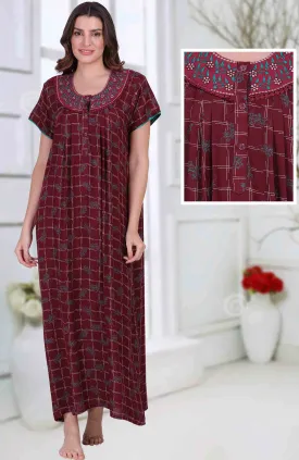 Cotton Long Maroon Nighties for ladies with Embroidery