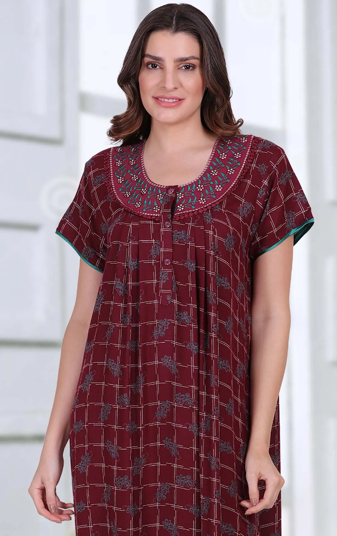 Cotton Long Maroon Nighties for ladies with Embroidery