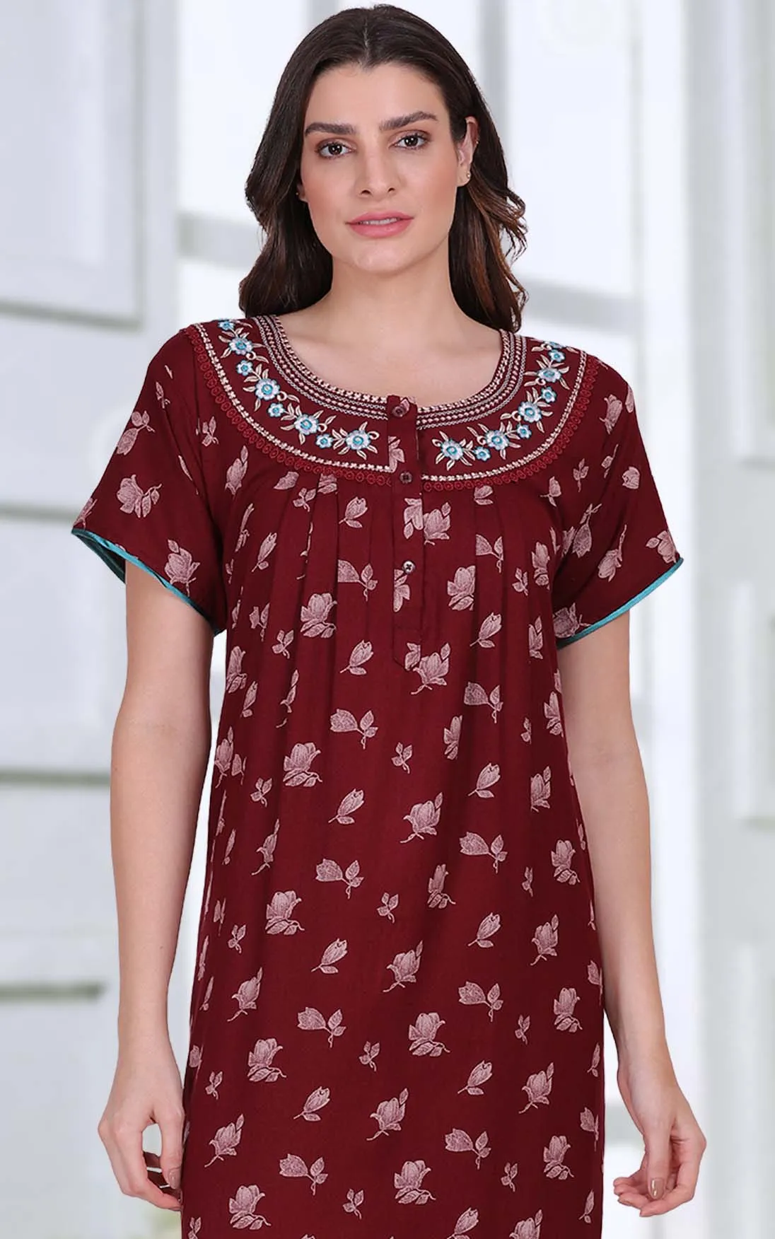 Cotton Long Maroon Nighty for Woman with Embroidery