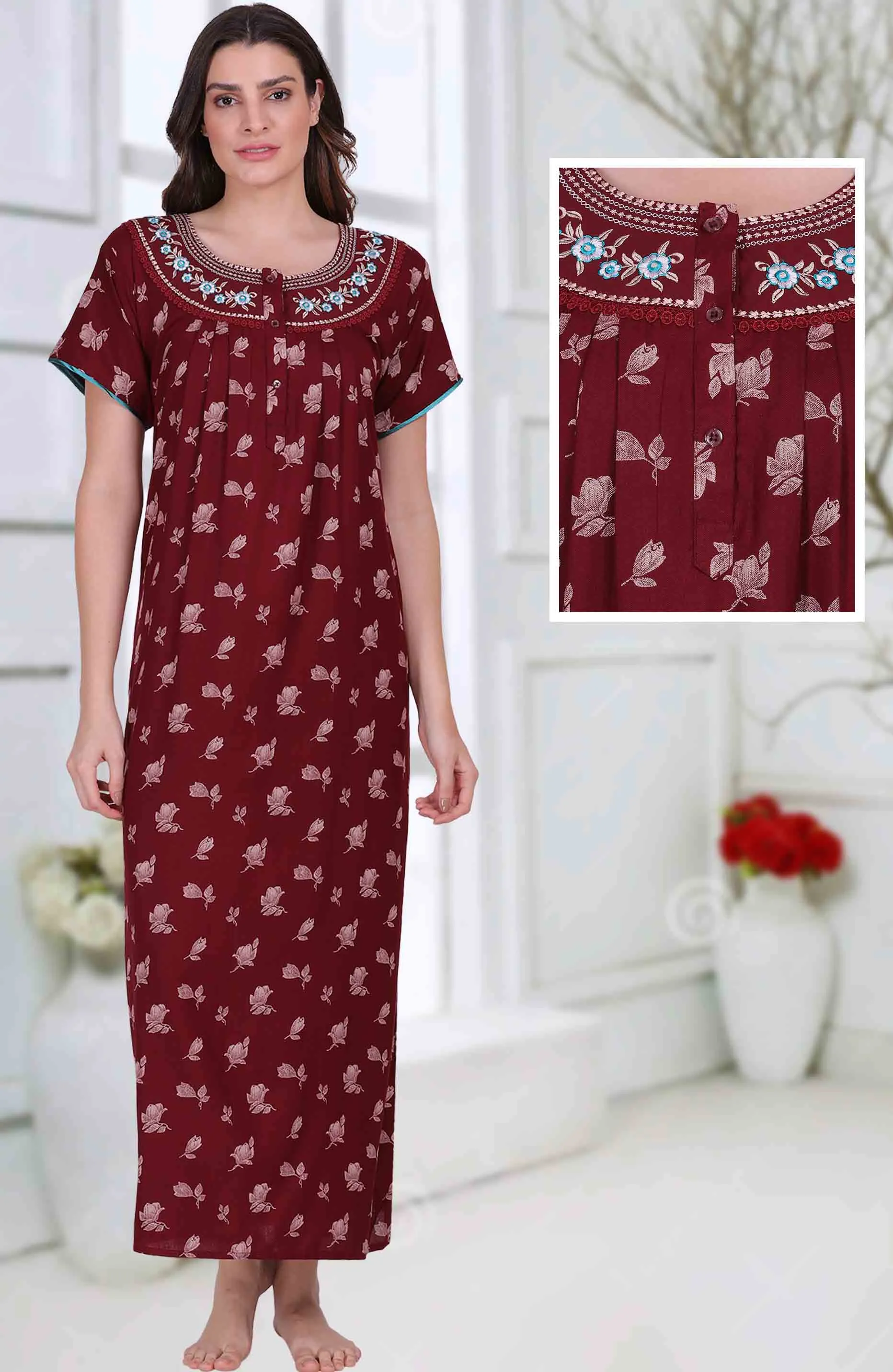 Cotton Long Maroon Nighty for Woman with Embroidery