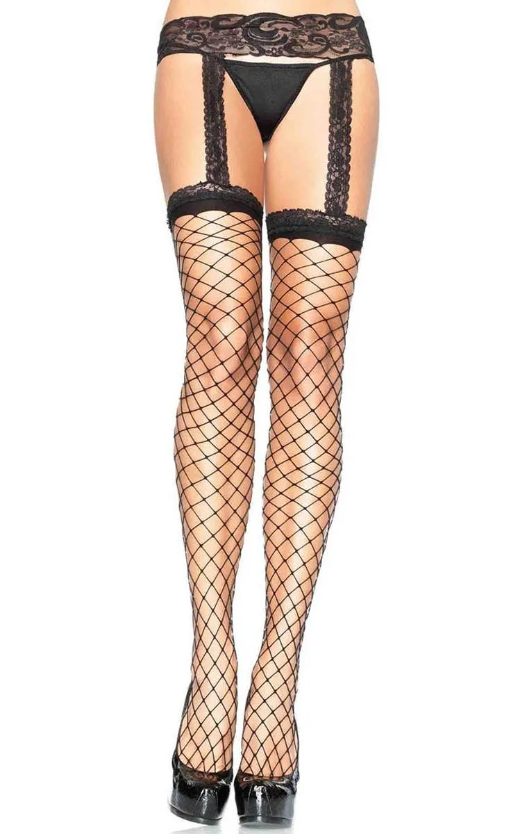 Fence Net Black Plus Size Thigh High Stockings with Garter Belt