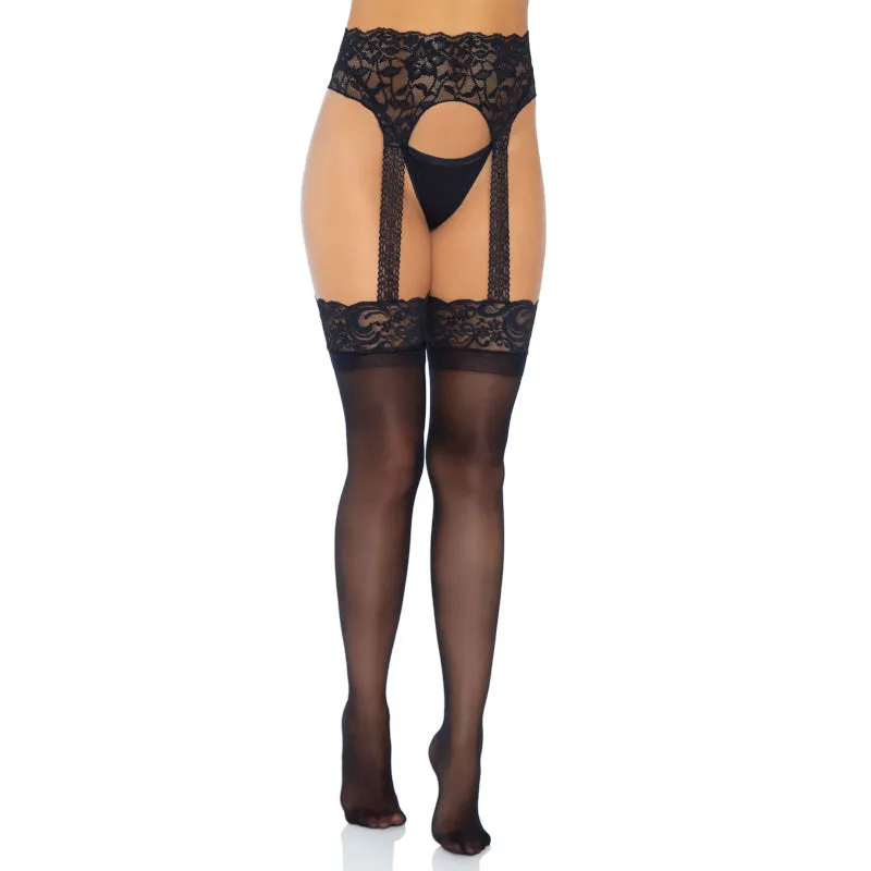 Lace Top High Waist Garterbelt Stocking Black - Leg Avenue