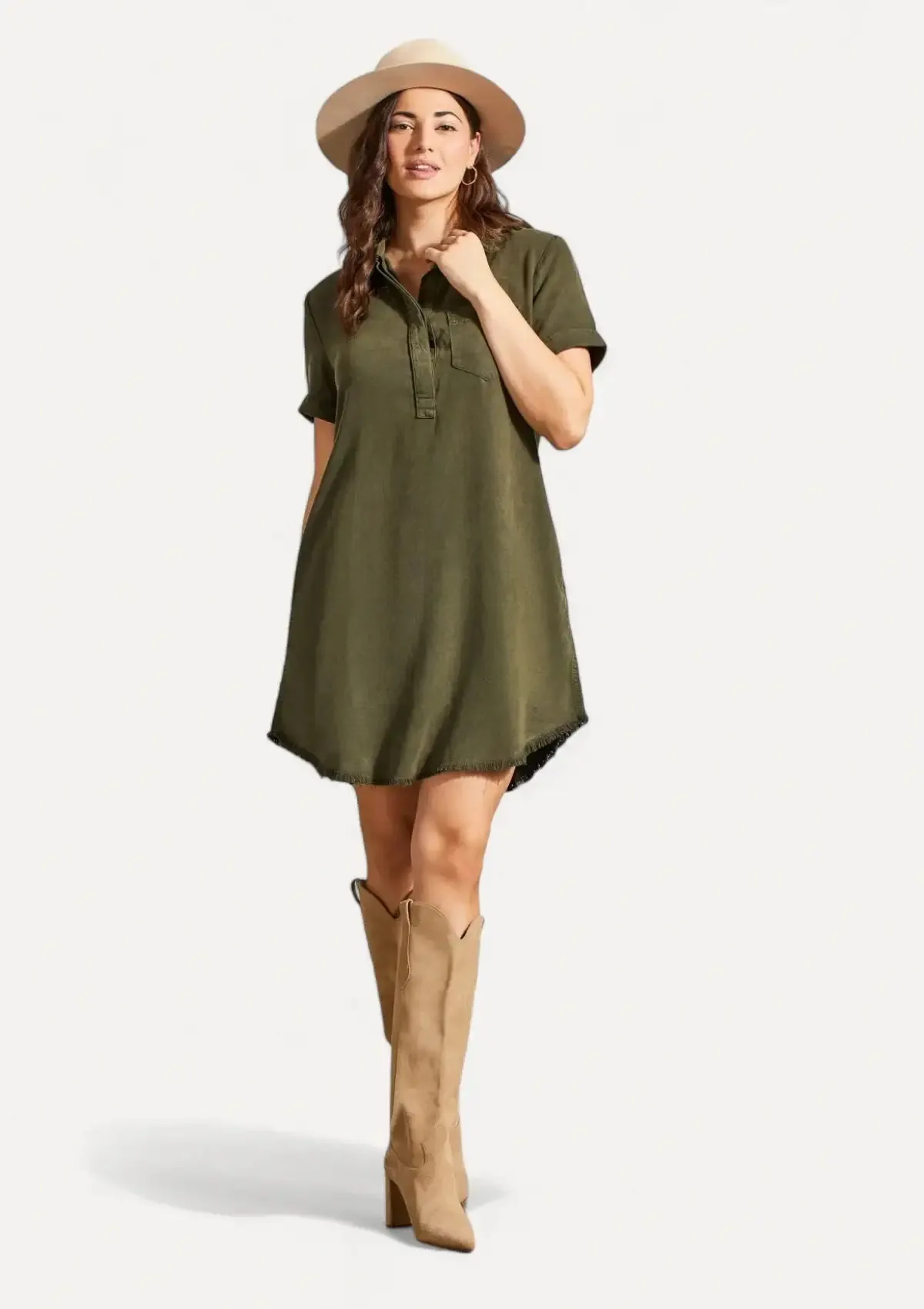 Pop Over Shirt Dress - Olive