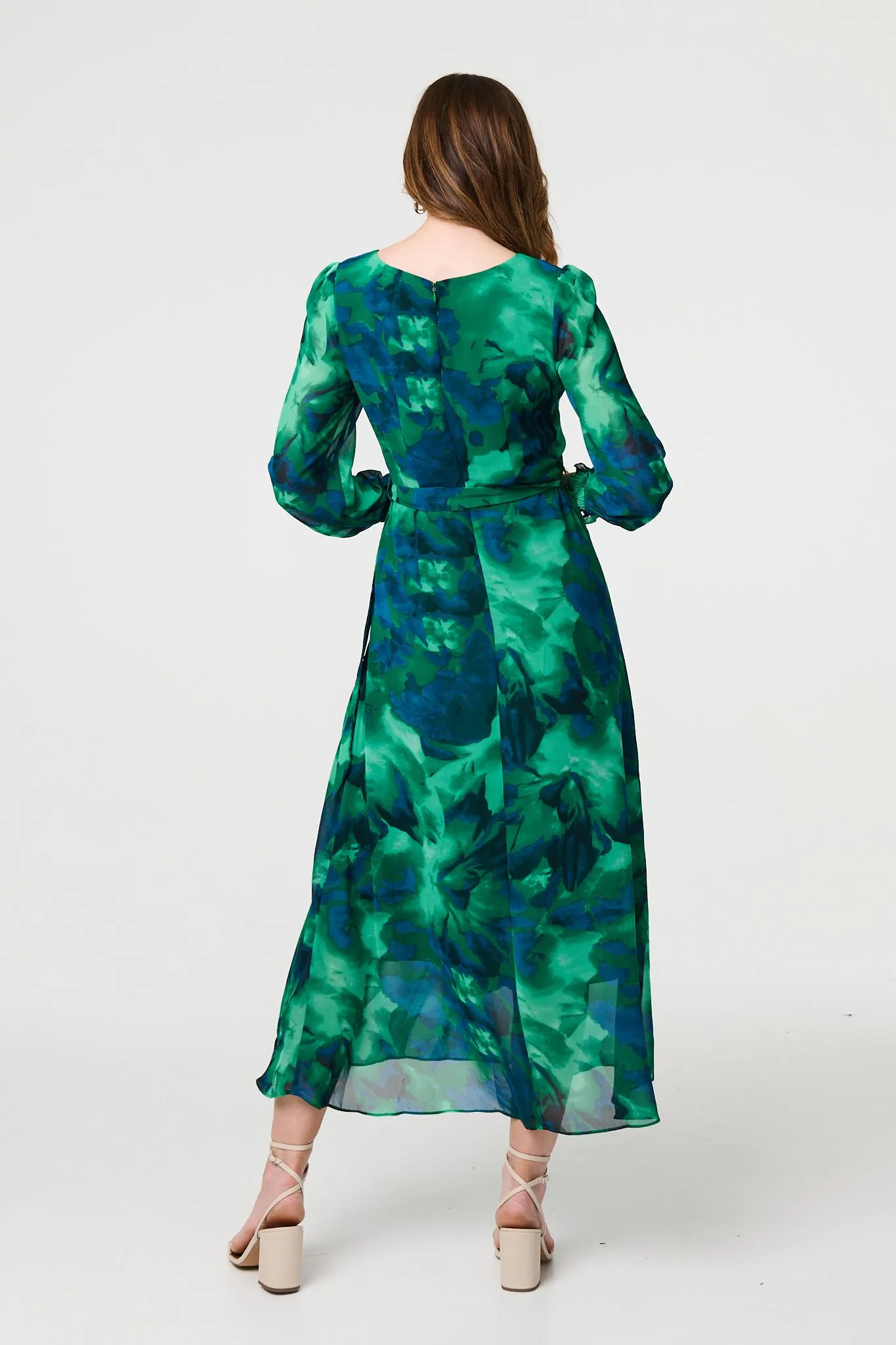 Printed Long Sleeve Chiffon Midi Dress