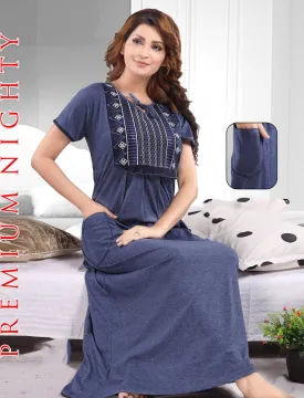 Pure cotton Blue hosiery nighty Gown with embroidery