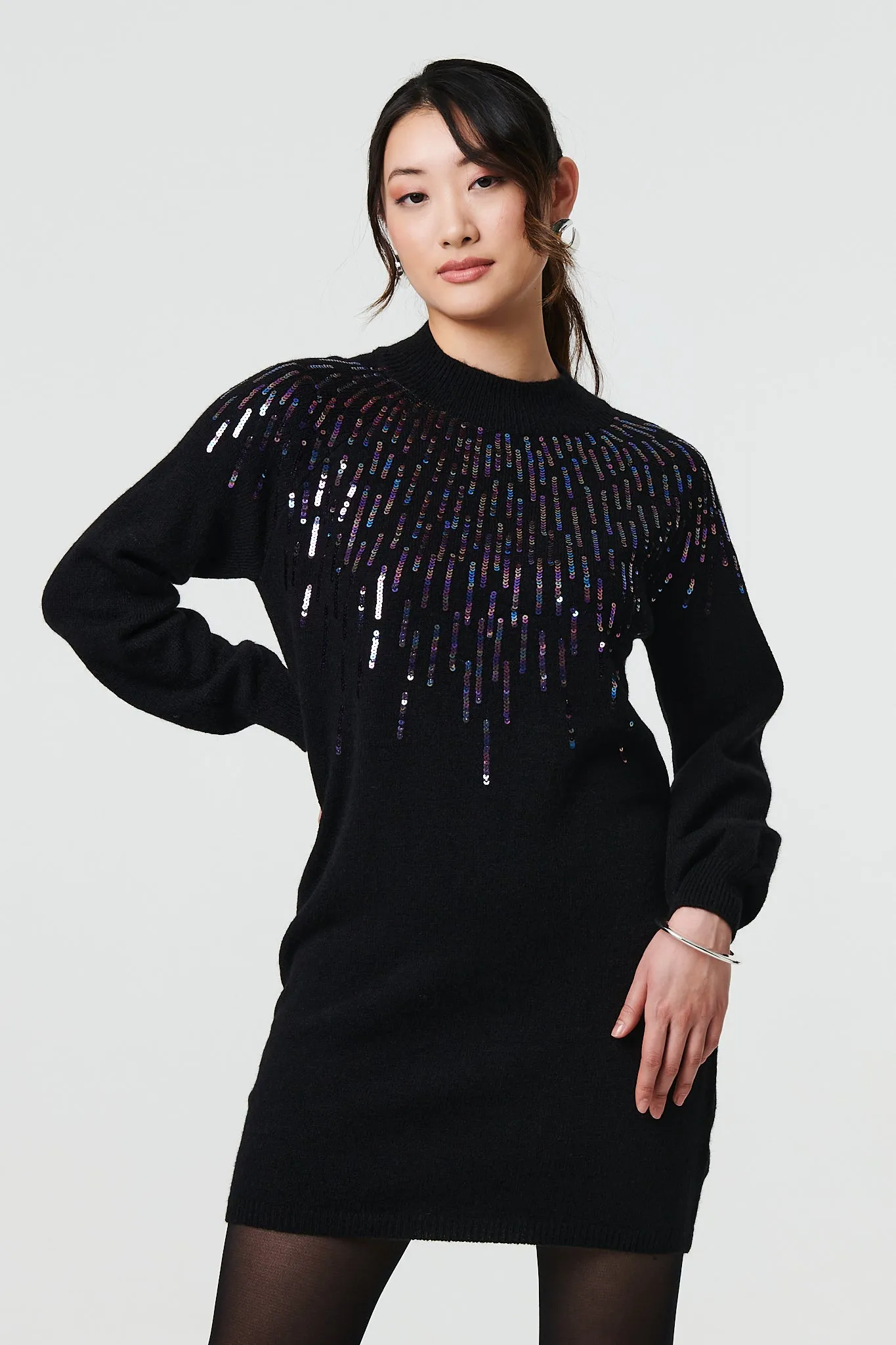 Sequin Stripe Long Sleeve Knit Mini Dress