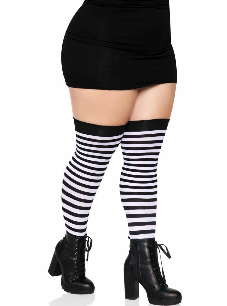 Striped Black and White Plus Size Thigh Highs